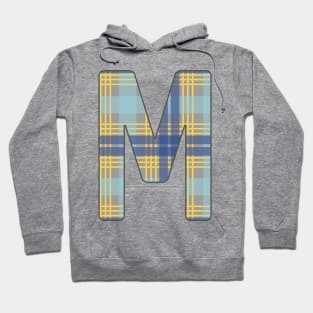 Monogram Letter M, Blue, Yellow and Grey Scottish Tartan Style Typography Design Hoodie